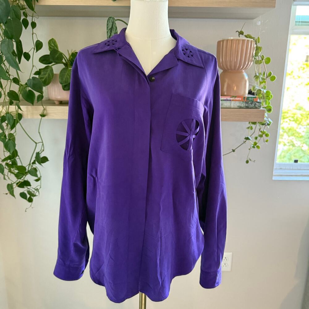 Vintage Silk Purple Cutout Detail Long Sleeve Button Up Womens Office Workwear